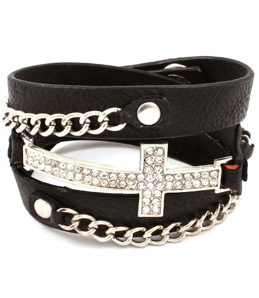 Cross and Chain Wrap Bracelet - Black Band - Click Image to Close