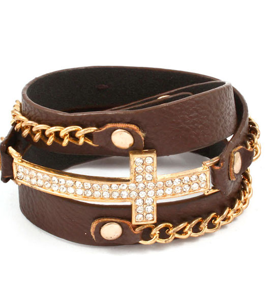 Cross and Chain Wrap Bracelet - Brown Band - Click Image to Close