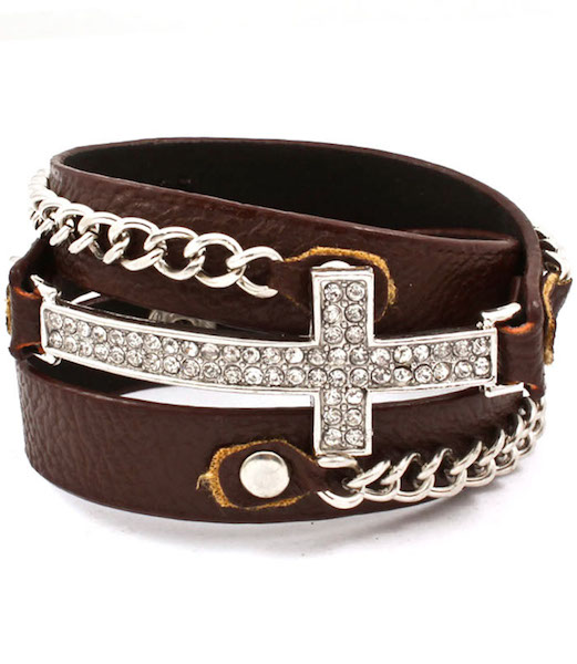 Cross and Chain Wrap Bracelet - Brown Band - Click Image to Close