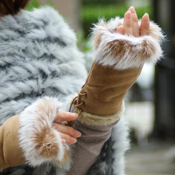 Suede and Fur Lined Fingerless Gloves - More Colors - Click Image to Close