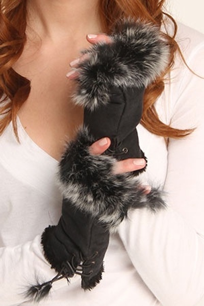 Suede and Fur Lined Fingerless Gloves - More Colors