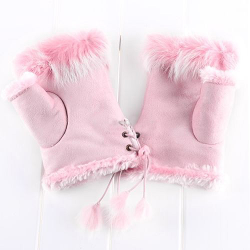 Suede and Fur Lined Fingerless Gloves - More Colors - Click Image to Close