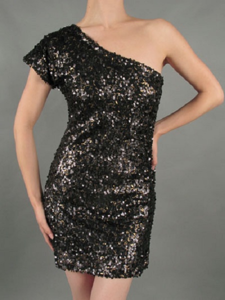 Cosmic One Shoulder Black Sequin Mini Dress - Click Image to Close