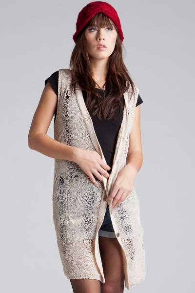 Simone Distressed Cardigan Vest - Beige - Click Image to Close