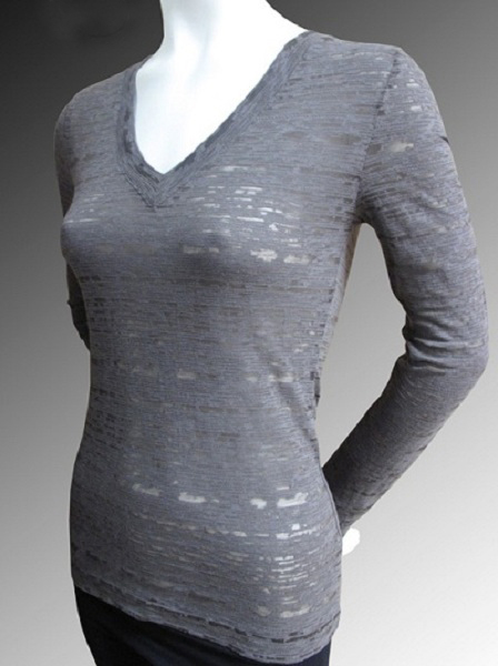 Slub Burn Out V Neck Long Sleeved Tee - More Colors - Click Image to Close