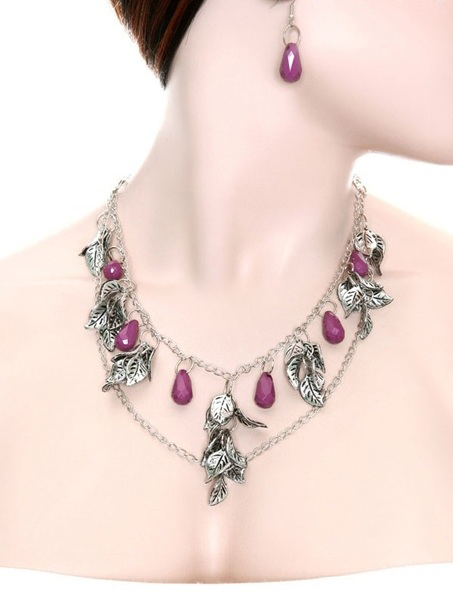 Petra Leaves and Gemstone Necklace and Earring Set - More Colors - Click Image to Close