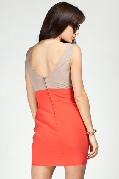 Ashtyn Color Block Cutout Detail Dress - Tangerine/Tan - Click Image to Close
