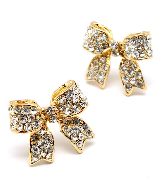 Crystal Bow Post Earrings - Gold - Click Image to Close