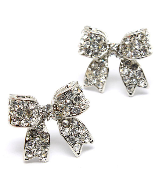 Crystal Bow Post Earrings - Silver - Click Image to Close