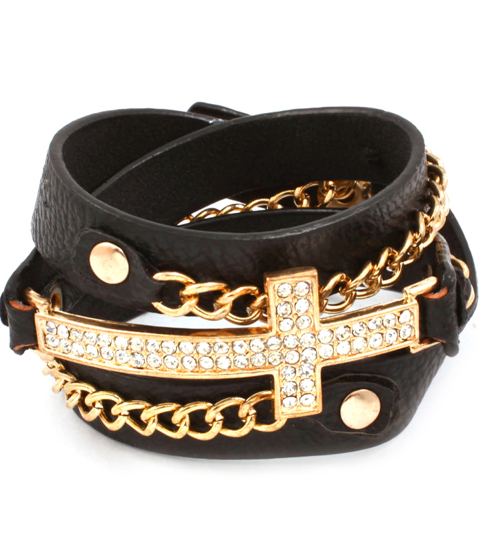 Cross and Chain Wrap Bracelet - Black Band - Click Image to Close