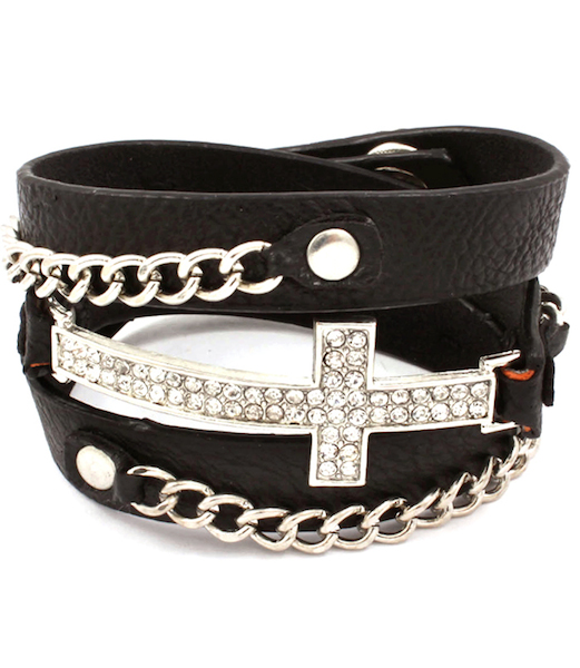 Cross and Chain Wrap Bracelet - Black Band