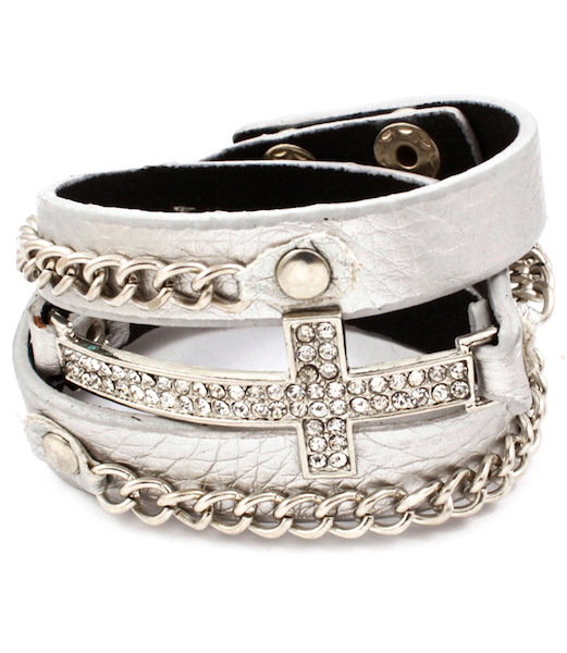 Cross and Chain Wrap Bracelet - Metallic Band - Click Image to Close
