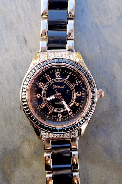 Geneva Women's Black & Rose Gold Metal Band Hematite Bezel Watch