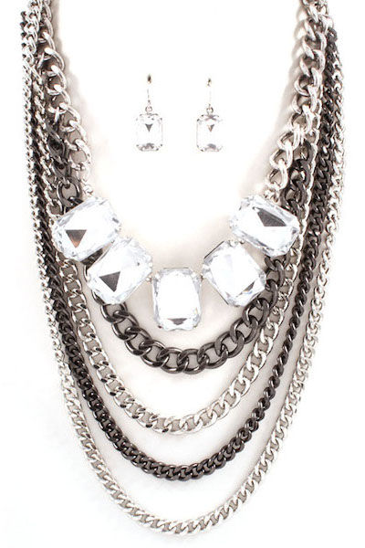 Heather Layered Chain & Jewel Necklace and Earring Set - Click Image to Close