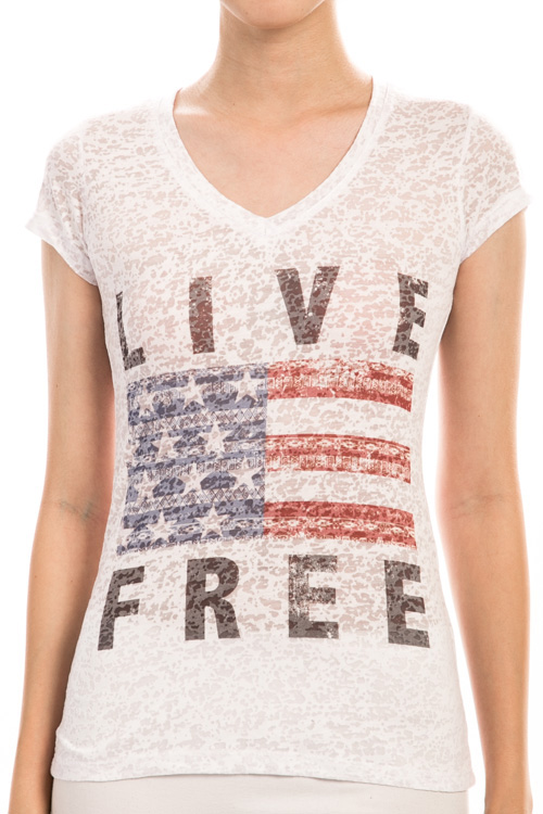 Live Free American Flag Burnout V-Neck Tee - Click Image to Close