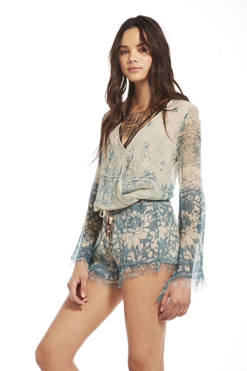 Silk Chiffon Bell Sleeve Romper - Tapestry - Click Image to Close