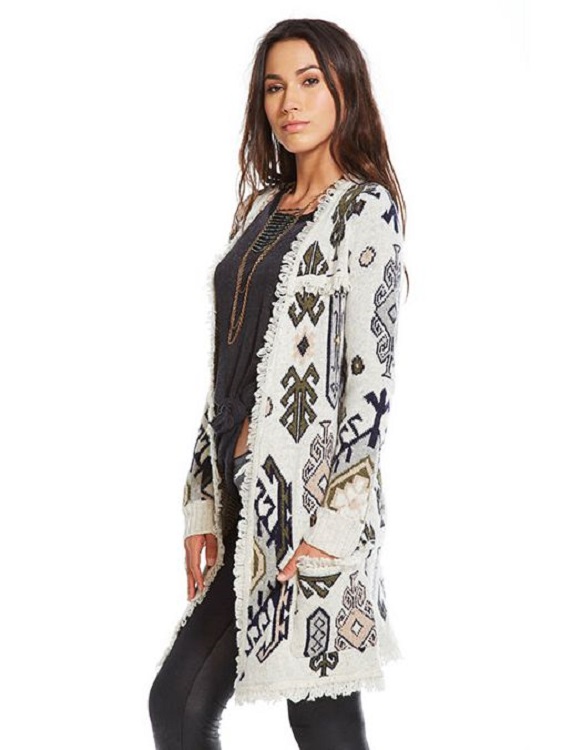 Tapestry Jacquard Fringe Open Long Cardigan