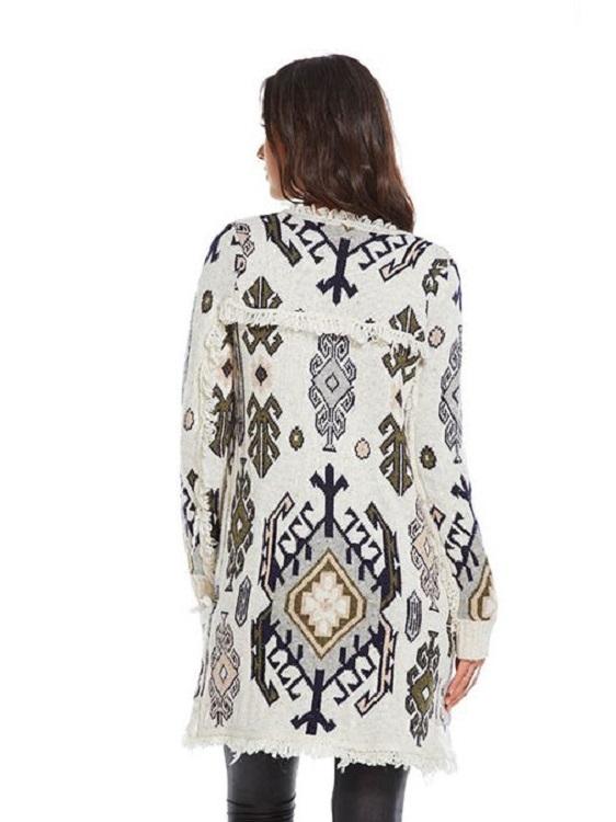 Tapestry Jacquard Fringe Open Long Cardigan - Click Image to Close