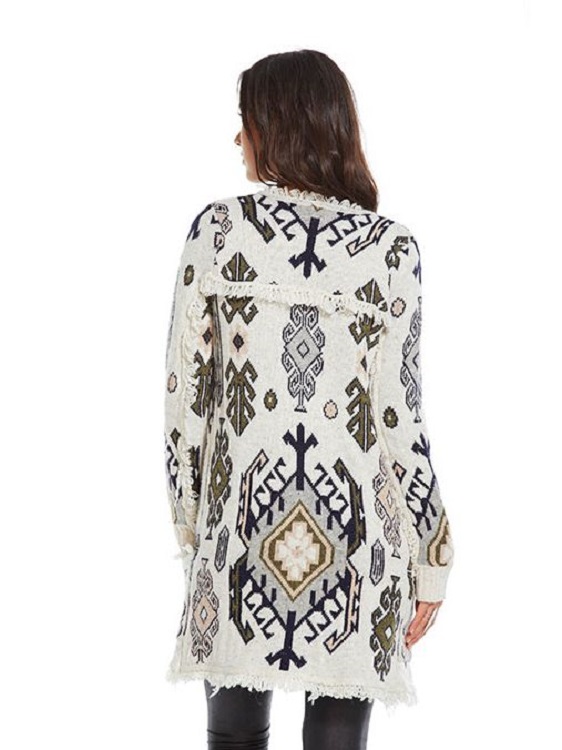 Tapestry Jacquard Fringe Open Long Cardigan