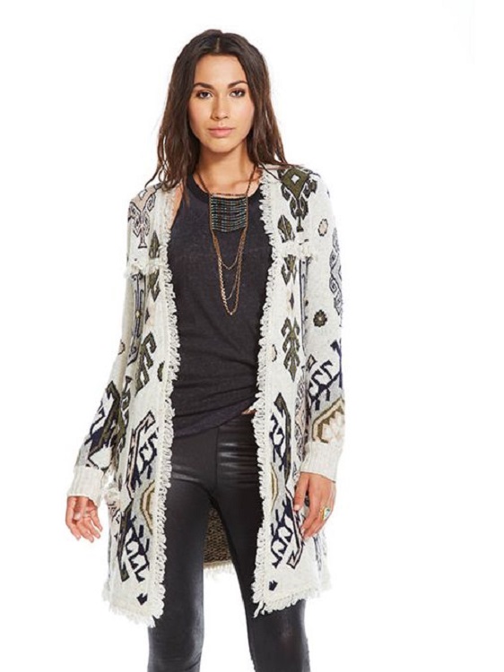 Tapestry Jacquard Fringe Open Long Cardigan