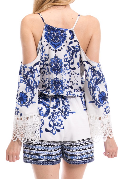 Willow Blue Floral Cold Shoulder Romper - Click Image to Close