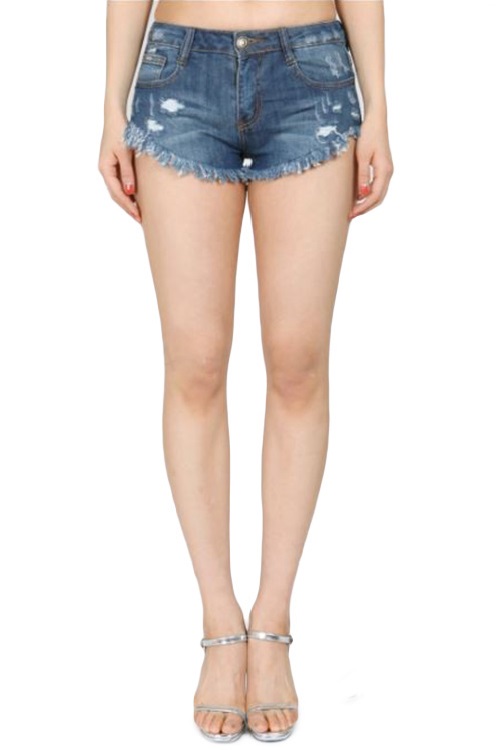 Ashlynn Curved Hem Distressed Denim Shorts - Click Image to Close