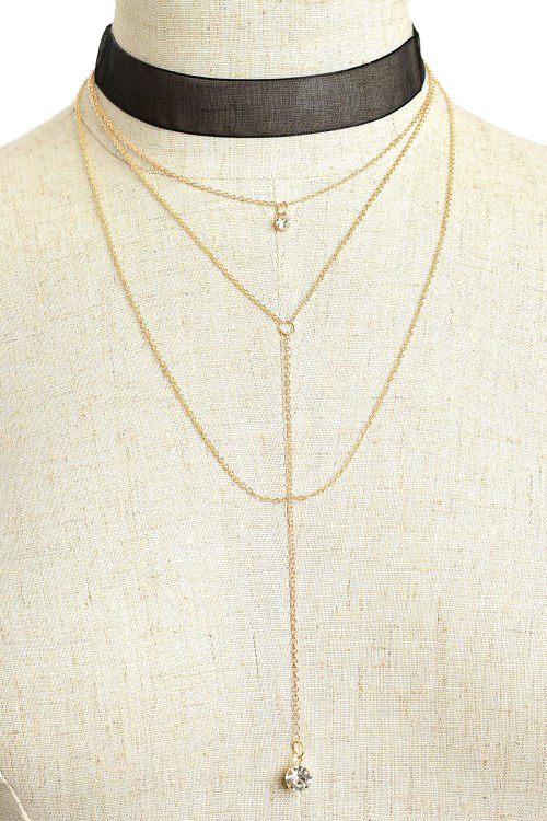 Triple Chain Drop Stone Lariat Necklace and Earring Set