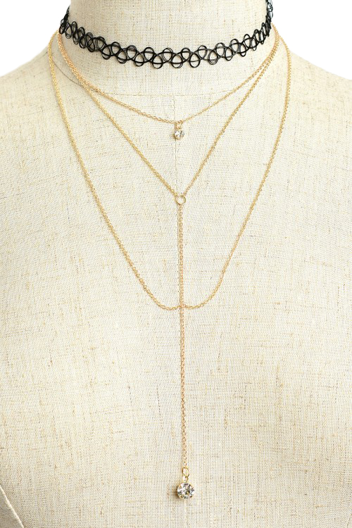 Triple Chain Drop Stone Lariat Necklace and Earring Set