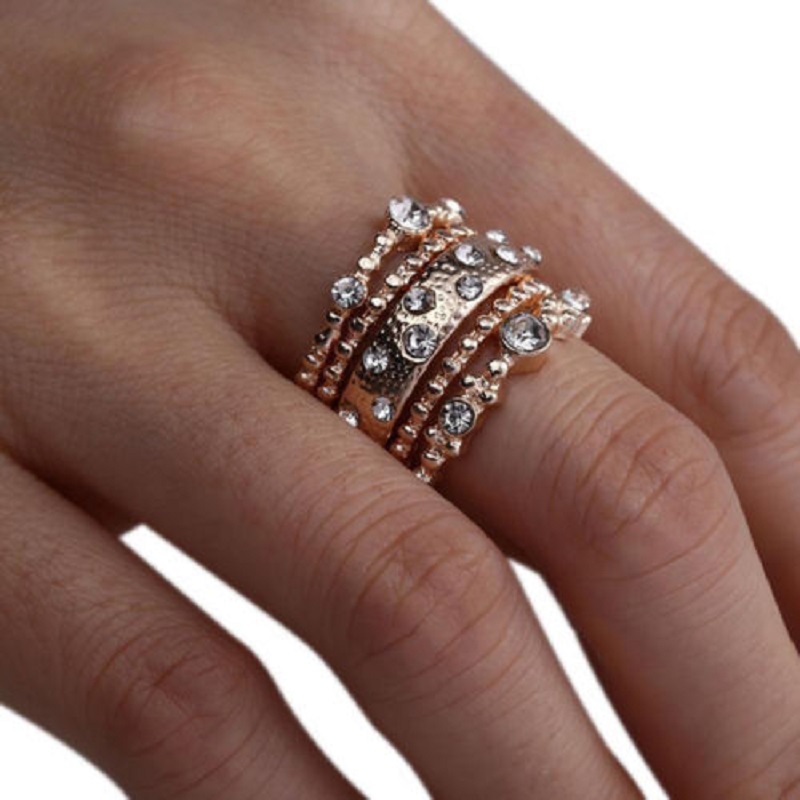 Boho Rose Gold Stackable 5 Piece Ring Set - Click Image to Close