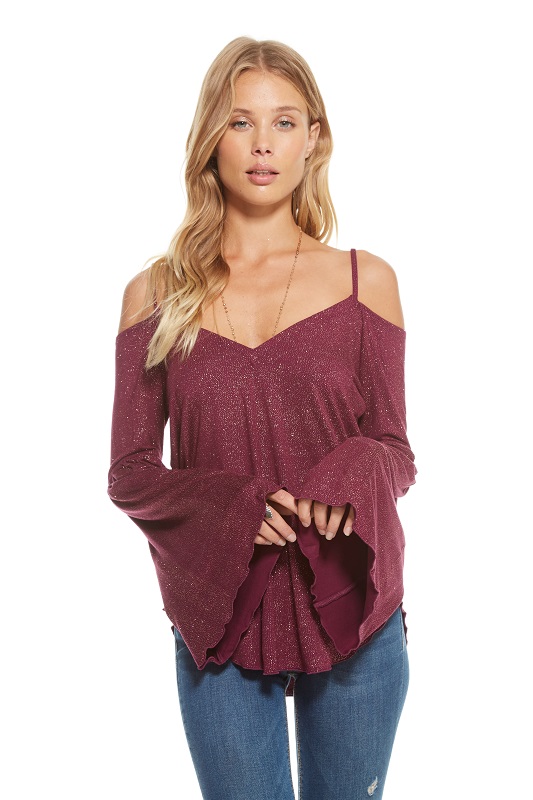 Glitter Jersey Double "V" Flounce Sleeve Top - More Colors