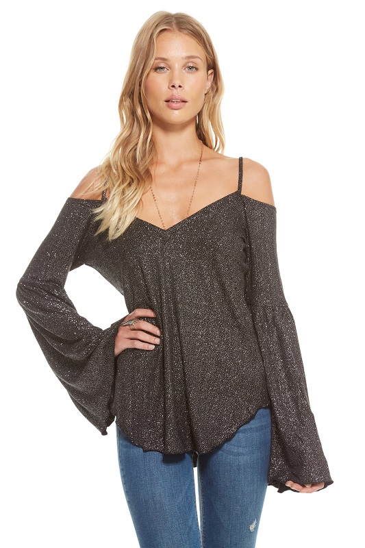 Glitter Jersey Double "V" Flounce Sleeve Top - More Colors