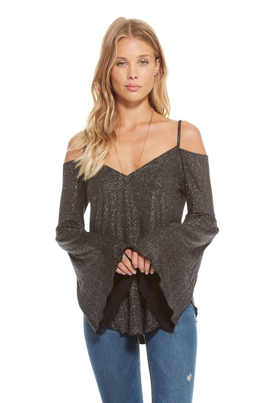 Glitter Jersey Double "V" Flounce Sleeve Top - More Colors