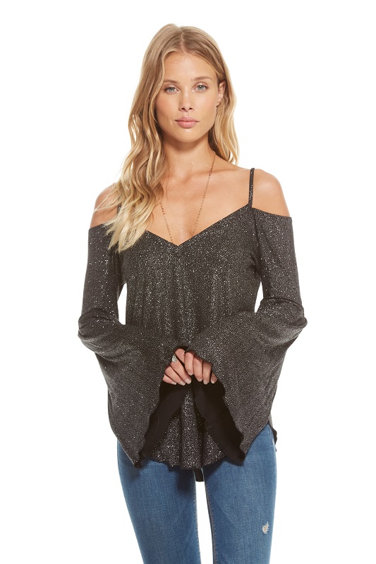 Glitter Jersey Double "V" Flounce Sleeve Top - More Colors - Click Image to Close