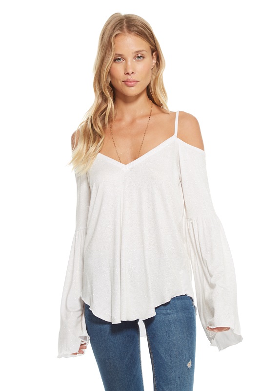 Glitter Jersey Double "V" Flounce Sleeve Top - More Colors