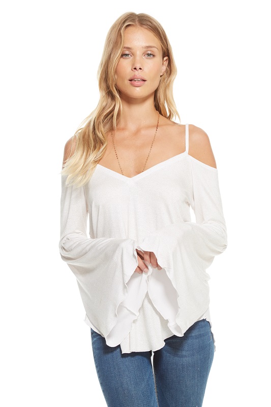 Glitter Jersey Double "V" Flounce Sleeve Top - More Colors