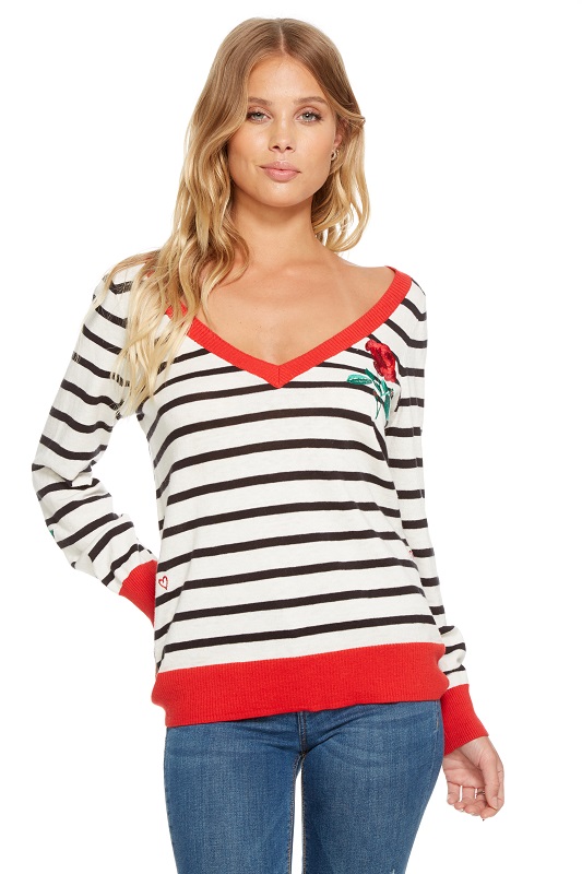 Striped Garden Embroidery Sweater - Click Image to Close