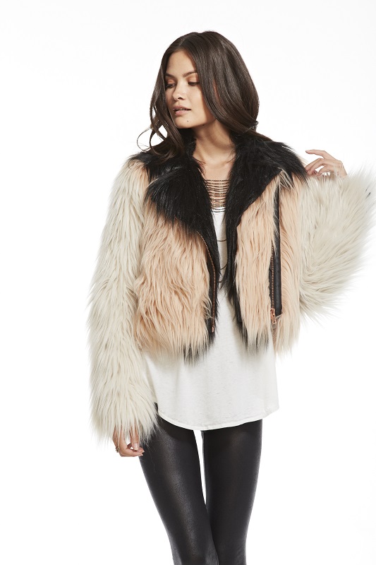 Color Blocked Faux Fur Moto - Click Image to Close