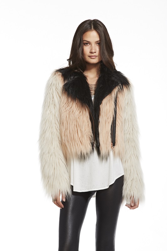 Color Blocked Faux Fur Moto - Click Image to Close