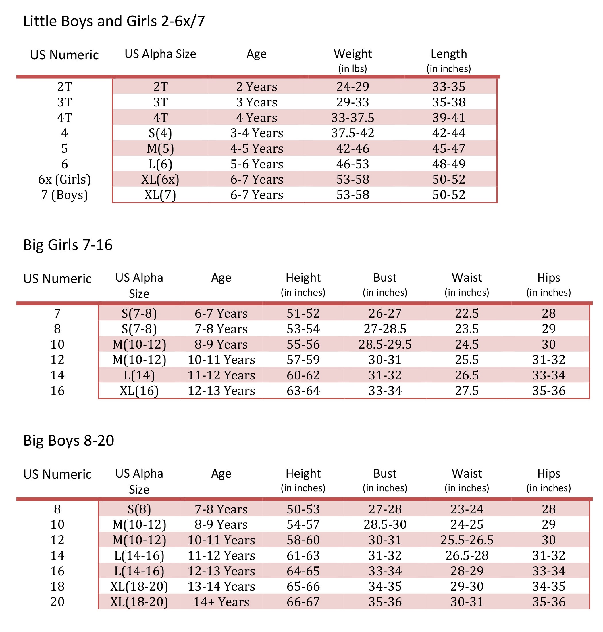 6x Size Chart